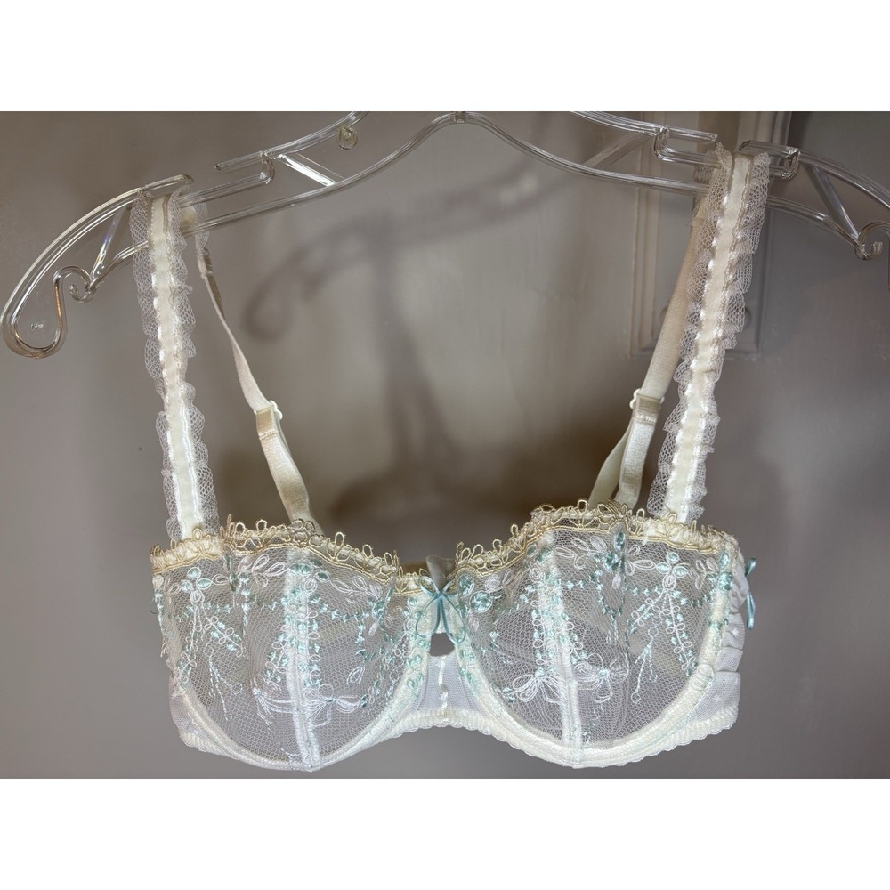 CHANTELLE‎ Ivory & Blue Mesh Lace Balconette Bra 32D Sexy Bridal